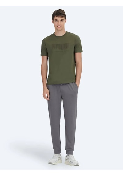 Kip Haki Baskılı Bisiklet Yaka %100 Pamuk T-shirt Haki