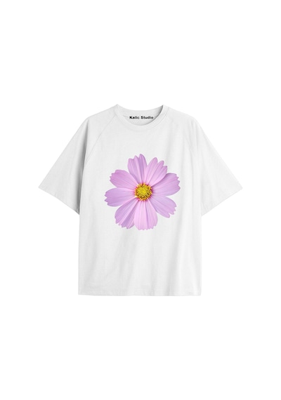 Kalic Studio Kadın Çiçek Özel Baskılı Renkli Oversize Penye Pamuklu Bisiklet Yaka T-shirt Beyaz-14