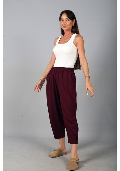 By Saygı Kadın Beli Lastikli Cepli Paça Tutturmalı Modal Pantolon Mürdüm