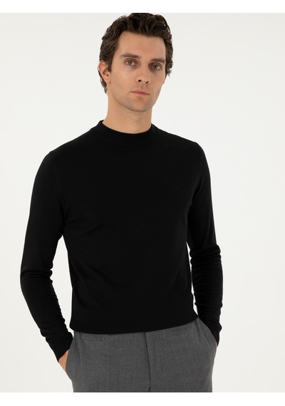 Cacharel Siyah Slim Fit Yün Karışımlı Çeyrek Balıkçı Yaka Basic Triko Kazak