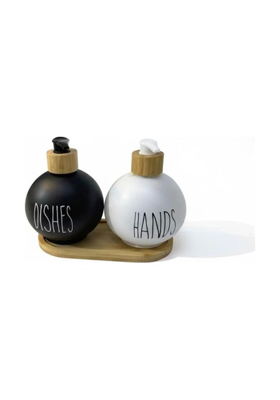 Lüks 2'li Cam Sabunluk Seti - 450 Ml Şişe Ve Bambu Standlı 3 Parça Mutfak & Banyo Seti Siyah Ve Beyaz