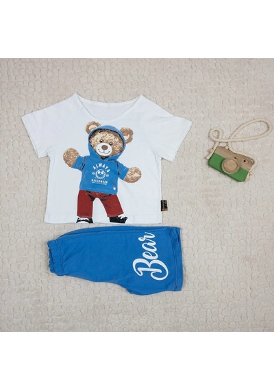 Momikon Erkek Çocuk Teddy Baskılı Pamuklu Takım Beyaz