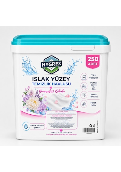 Hygrex Yüzey Temizlik Havlusu Yumuşatıcı Kokulu Islak Kova Mendil 250 Adet Ev Ofis Tüm Yüzeyler Beyaz