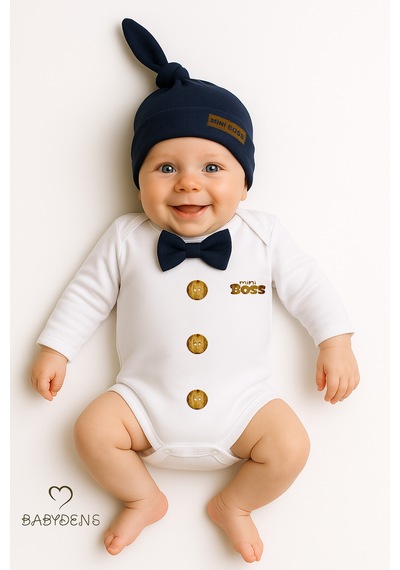 Babyden's Mini Boss Papyonlu Erkek Bebek Zıbın Seti Şapkalı Yenidoğan Bebek Body Takım Lacivert
