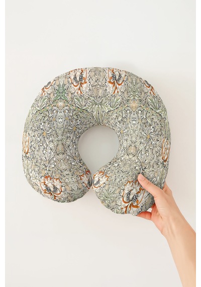 Vintage Çiçek Desenli Ergonomik Boyun Yastığı - Klasik Botanik Bej Turuncu Seyahat Yastığı Çok Renkli
