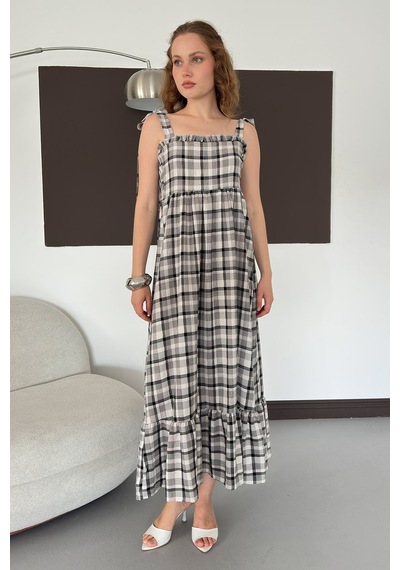 Verymoda Kadın Ekose Desenli Askı Bağlama Detaylı Maxi Elbise Siyah