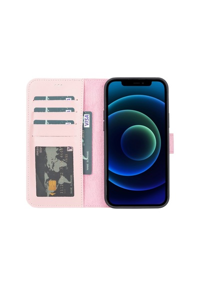 Plm Apple İphone 13 Pro Max Uyumlu Deri Cüzdanlı Kılıf Nu2 Pembe Acı Kahverengi
