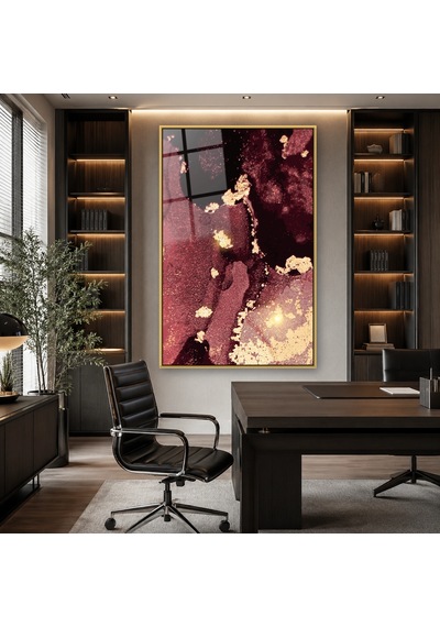 Bordo Siyah Altın Tozlu Soyut Gold Çerçeveli Cam Tablo