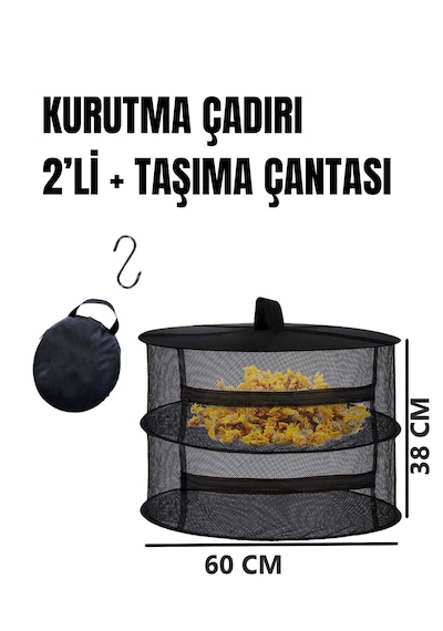 Tineke 2 Katlı Fermuarlı Meyve Sebze Kurutma Filesi Katlanabilir Doğal Kurutma Sepeti Siyah Siyah