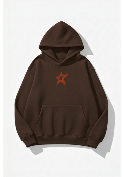 Uyguntarz Unisex Yumuşak Dokulu Kırmızı Yıldız Baskılı Tasarım Oversize 3 İplik Hoodie Sweatshirt Kahverengi