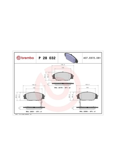 Brembo P28032 On Fren Balatasi 06450s0aj10 06450s2a000 06450s2ae01