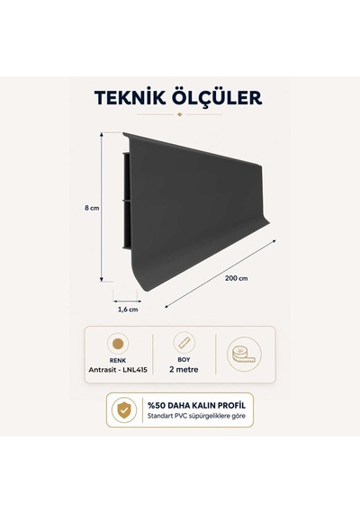 Linela Suya Dayanıklı Pvc Süpürgelik 8 Cm - Antrasit - Lnl415