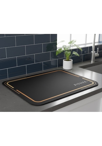 Premium Dekoratif Bulaşık Kurutma Matı 50x40 Cm Süper Emici, Kaydırmaz Kauçuk Tabanlı Ve Tezgah Koruyucu Altlık siyah