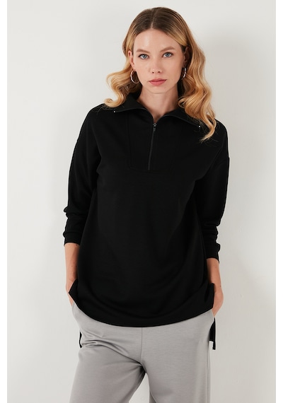 Lela Regular Fit Fermuarlı Yaka Önü Kısa Arkası Uzun Bayan Sweat 5865876 Siyah