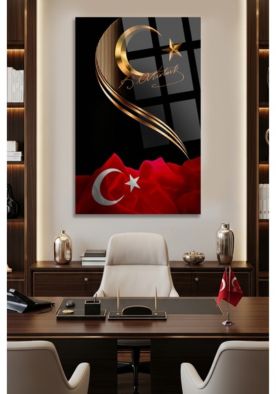 Türk Bayrağı Ve Atatürk İmzası Cam Tablo Modern Sanat Tablosu Solmayan Canlı Renkler Salon Ve Oturma Odası Anlamlı Hediye Seçeneği