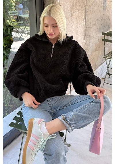 Siyah Peluş Fermuar Yaka Sweatshirt Mg1413 Siyah