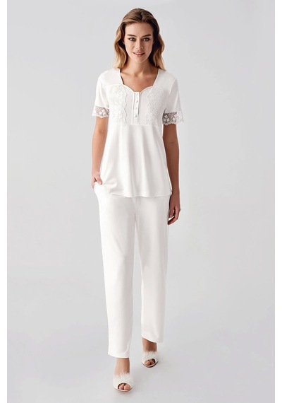 Feminight Freshness 321 Kadın Sabahlıklı Pijama Takımı Ekru