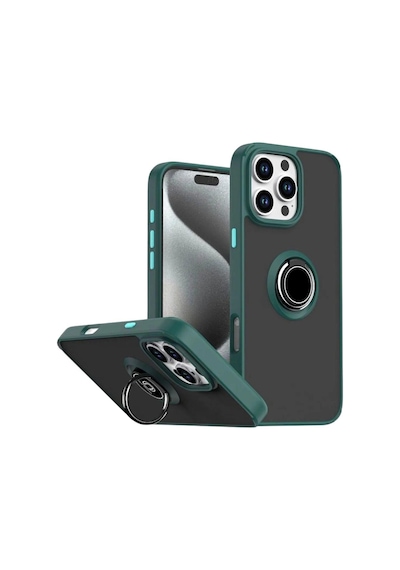 Apple iPhone 16 Pro Uyumlu Kılıf Yüzüklü Standlı Extra Darbe Koruma Sert Silikon Kapak - Yeşil