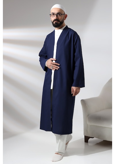 Lacivert Erkek Namaz Elbisesi V Yaka Düğmesiz Önü Açık Namaz Cübbesi 001