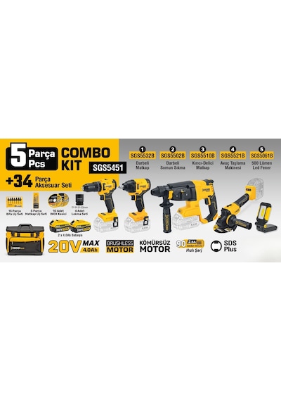 Sgs SGS5451 Darbeli Matkap + Kırıcı Delici Matkap + Avuç Taşlama Makinesi + Darbeli Somun Sıkma + Led Fener Combo Set 5 Parça