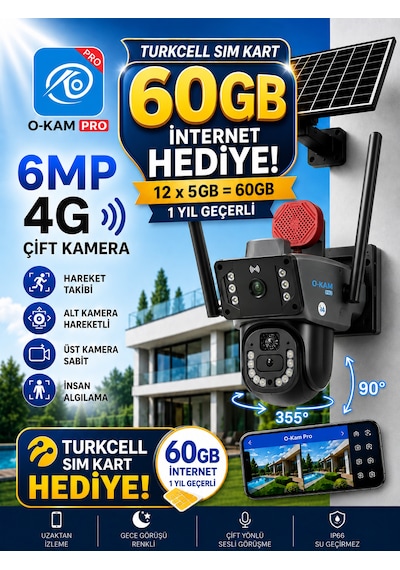 O-kam 3815 4g 6mp Dual Lens Güneş Panelli Solar Sirenli Güvenlik Kamerası 60gb İnternet 12ay 5gb