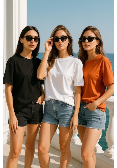 Kadın 3'lü Paket Siyah-beyaz-turuncu %100 Pamuk Oversize Basic Tişört Bisiklet Yaka Relaxed T-shirt Çok Renkli