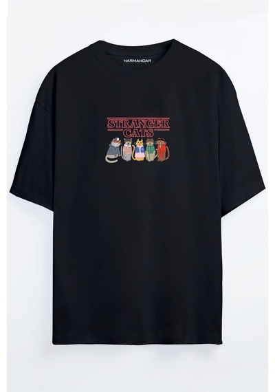 Stranger Cats Baskılı Unisex Siyah - Beyaz -turuncu - Bej Oversize T-shirt SIYAH