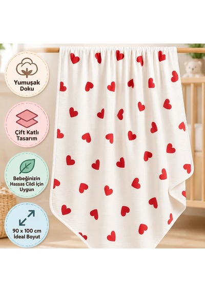 Kalp Baskılı Çift Katlı Bebek Battaniyesi 90 x 100 CM Ekru