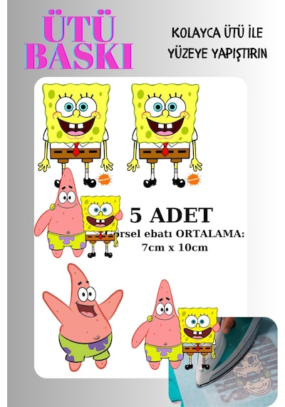 Ütü İle Yapışan Tekstil Transfer Dtf Baskı 5 Adet Sevimli Karakterler Süngerbob - 674522812