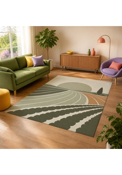 Kartela Halı Güneş Tarlası Manzaralı Modern Halı Adaçayı Yeşili Kaymaz Taban 160x240 Cm