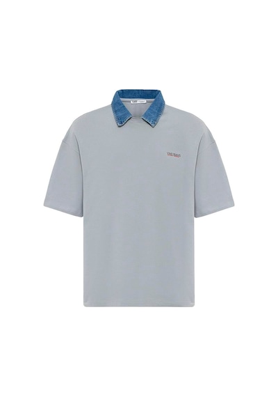 Polo Yaka Yazı Detaylı Oversize Tişört Gri