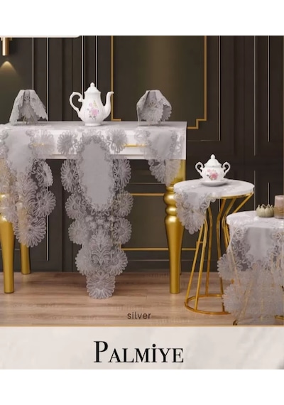 Salon Takımı Çeyizlik Palmiye Model Gri Keten Runner Seti No 1482 Çok Renkli