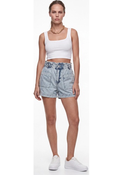 CEMO Kadın Yüksek Bel Beli Lastikli Denim Şort Mavi