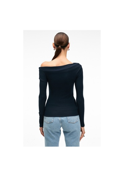 Grımelange OLIVIENN Kadın Omuzu Açık Asimetrik Yakalı Uzun Kollu Slim Fit Lacivert Bluz Grımelange OLIVIENN Kadın Omuzu Açık Asimetrik Yakalı Uzun Kollu Slim Fit Lacivert Bluz