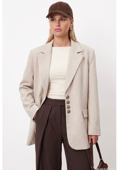 Ritnice Kadın Jonas Astarlı Cepli Bej Lux Oversize Blazer Ceket