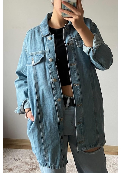 Mia Butik Kadın Mavi Gömlek Yaka Kot Ceket-1111 Mavi