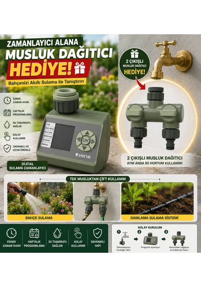 Dijital Bahçe Sulama Zamanlayıcısı + 2 Çıkışlı Musluk Dağıtıcı Hediyeli Otomatik Sulama Programlayıcı