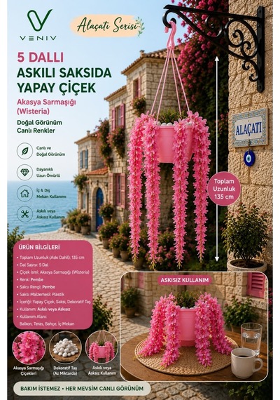 135 Cm Yapay Akasya Sarmaşığı Wisteria 5 Dallı Pembe Sarkıt Çiçek, Beyaz Askılı Saksı Renkli