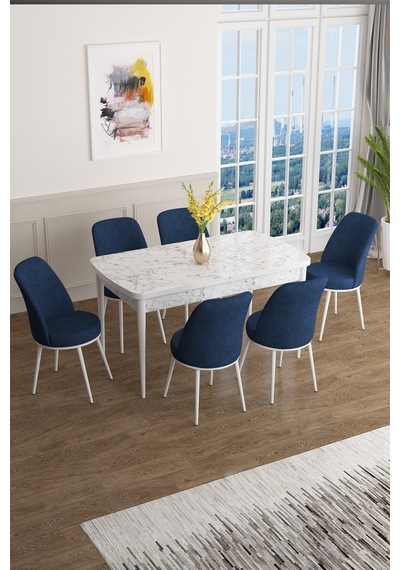 Canisa Han Serisi, Beyaz Mermer Desen 70x114 Açılabilir Mdf Mutfak Masa Takımı, 6 Lacivert Sandalye Beyaz Canisa Han Serisi, Beyaz Mermer Desen 70x114 Açılabilir Mdf Mutfak Masa Takımı, 6 Lacivert Sandalye Beyaz