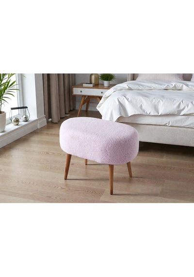 Teddy Ahşap Ayaklı Oval Puf Makyaj Masası Pufu - Ayak Uzatma Pufu - Orta Sehpa Pufu Pembe