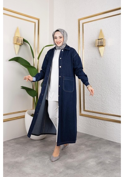 Harman Butik Kadın Düğmeli Uzun Kot Kap Lacivert Lacivert