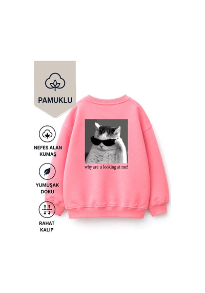 Monila Unisex Çocuk 3 İplik Kumaş Pamuklu Sırt Baskılı Sweatshirt Pembe