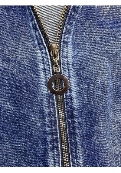 Büyük Beden Kapüşonlu Fermuarlı Baskılı Yan Cepli Denim Kadın Ceket Mavi