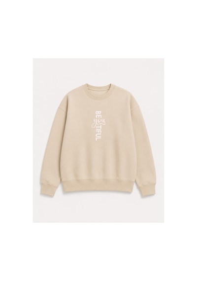 Herkesemoda Beatiful Yazılı Baskı Detaylı Şardonlu 2 İplik Bisiklet Yaka Sweatshirt Bej