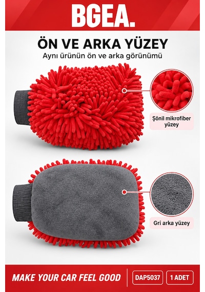 Bgea Premium Şönil Çift Katlı Mikrofiber Araç Yıkama Eldiveni Kırmızı 1 Adet