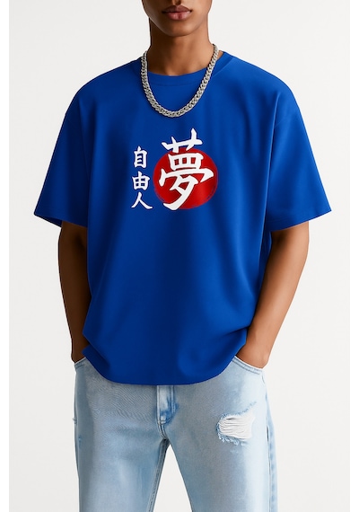 Özgür Adam Baskılı Oversize T-shirt Saks Mavisi