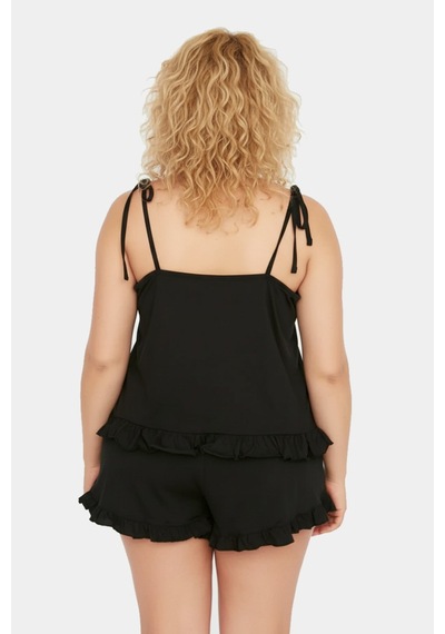 Unika Boutique Askılı Fırfır Detaylı Büyük Beden Pijama Takımı Siyah