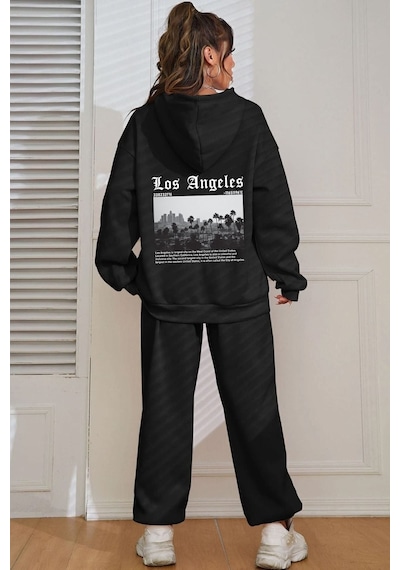 Uyguntarz Unisex Los Angles Baskılı Eşofman Takımı Siyah Losangeles