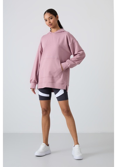 Tommy Life Gül Kurusu Balon Kol Yazı Nakışlı Kadın Oversize Tunik Sweatshirt - 97163 Gülkurusu