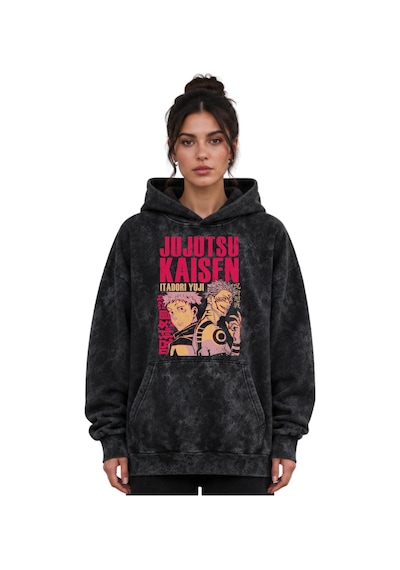 Sevbano Itadori Yuji Jujutsu Kaisen Anime Baskılı Unisex Oversize Yıkamal Siyah